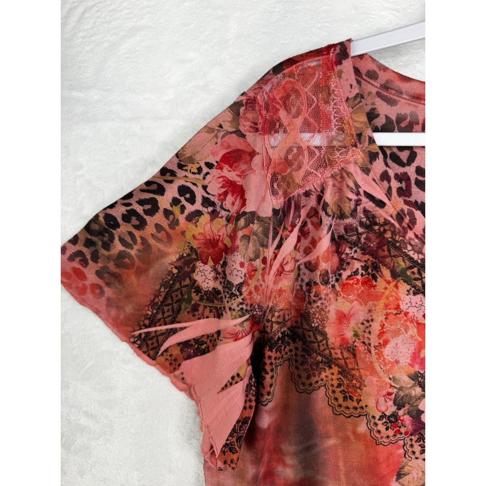 Floral Leopard Mixed Media V-Neck Top Terracotta Coral Short Sleeve Tee - Picture 6 of 7